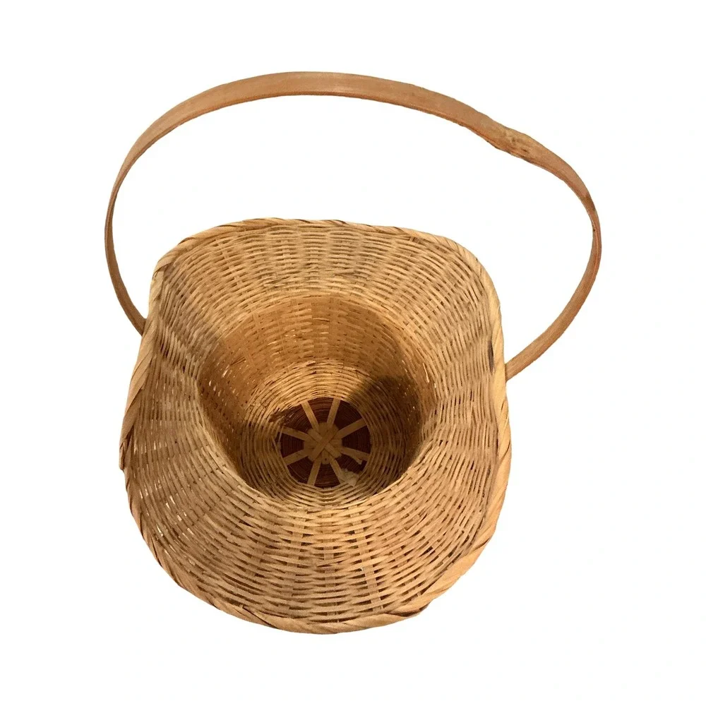 Vintage Woven Wicker Cowboy Hat Basket with Handle Rustic Farmhouse Decor 12in